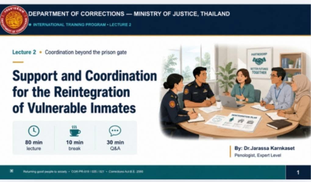 กองวิชาการและพัฒนานวัตกรรมราชทัณฑ์ เข้าร่วมประชุมและเป็นวิทยากรบรรยาย เรื่อง "การสนับสนุนและการประสานงานเพื่อการกลับคืนสู่สังคมของผู้ต้องขังกลุ่มเปราะบาง" : Support and coordination for the reintegration of vulnerable inmates. ณ กรุงโตเกียว ประเทศญี่ปุ่น img 0855